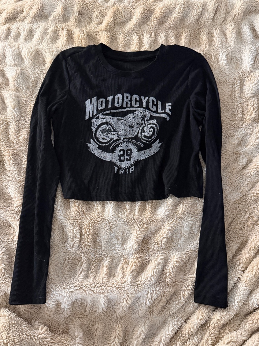 Black Motorcycle Graphic Cropped Long Sleeve Tee